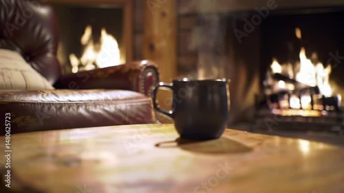 Cozy Evening By The Fireplace With Mug Of Tea In A Relaxing Setting