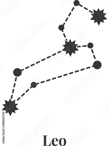 Simple Leo constellation design featuring connected stars and dashed lines, creating the recognizable lion shape against a white background