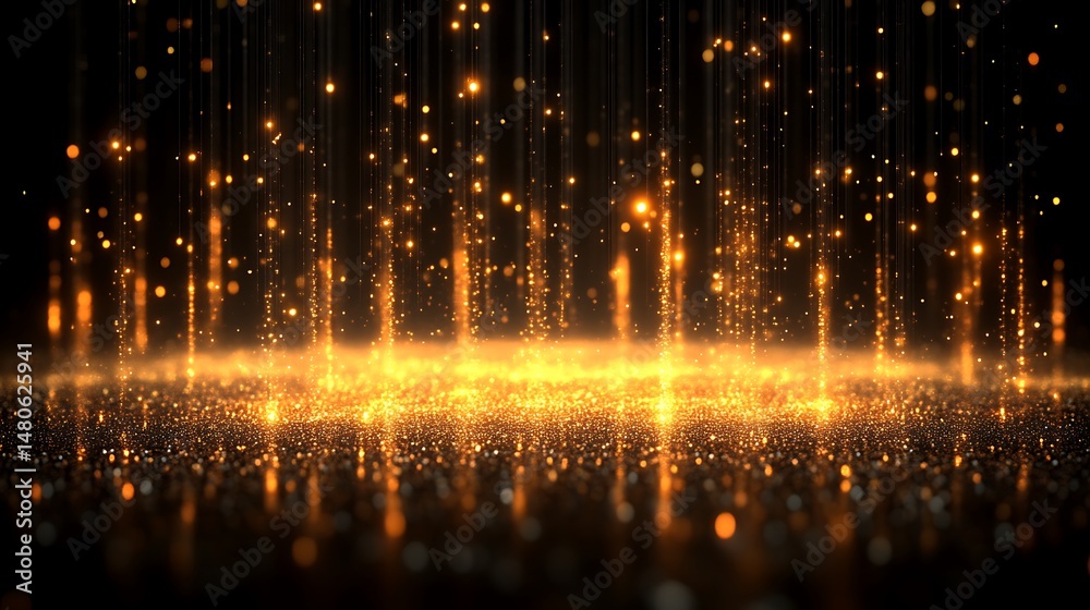 Fototapeta premium Golden particles cascading down a dark surface.