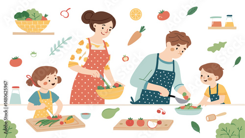 Seamless pattern featuring a family cooking together in a kitchen setting.