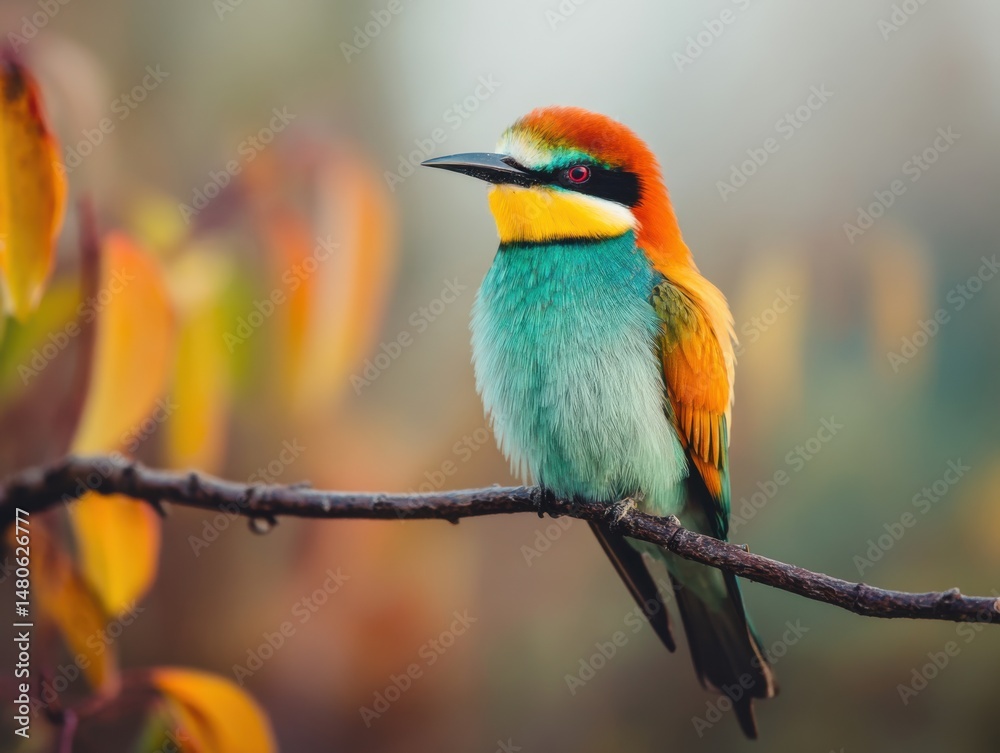 Fototapeta premium European Bee-eater Perched on Branch, Close-up Wildlife Portrait, Colorful Plumage, Autumnal Backdrop, Eye Level View