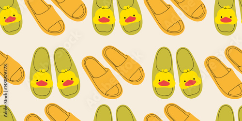 Seamless pattern with cute summer yellow and green beach or home children's slippers. Endless texture with fashionable and stylish home shoes for printing. Colored flat vector illustration.