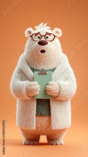Polar bear doctor holding a clipboard wearing glasses and a cardigan