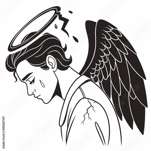 Corrupted angel face with broken halo and black wings
