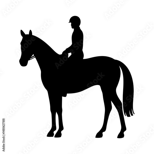 A black silhouette of a horse and rider in profile view