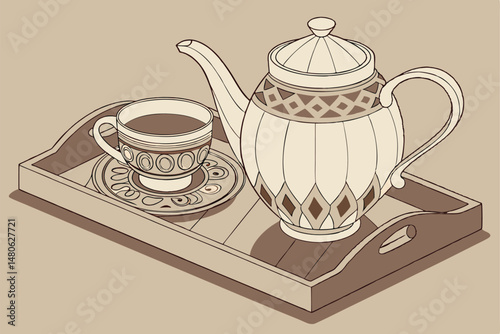 61 elegant white porcelain teapot, detailed ceramic teacup and saucer, wooden serving tray, warm lighting, high-quality realistic rendering, detailed ceramics, intricate patterns, vintage style, studi