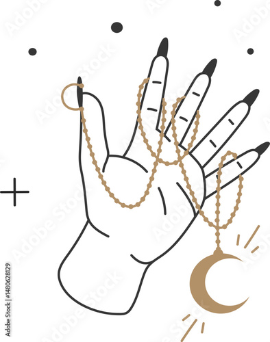 Minimalist line art illustration of a hand with long black nails holding golden chains with a crescent moon pendant, symbolizing spirituality, mysticism, and astrology