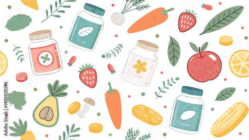 Seamless vector pattern featuring healthy supplements and vitamins. Perfect for health and wellness branding.