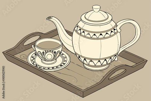 61 elegant white porcelain teapot, detailed ceramic teacup and saucer, wooden serving tray, warm lighting, high-quality realistic rendering, detailed ceramics, intricate patterns, vintage style, studi
