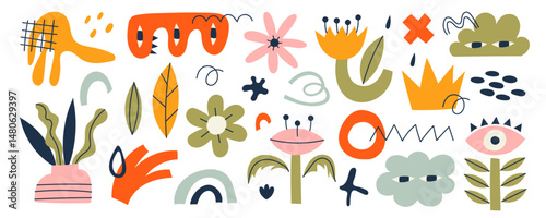 Set of trendy doodle shapes and abstract nature icons on isolated white background. Big collection, fashion elements in freehand childish cartoon style. Includes floral art, shapes, tropical fruits.