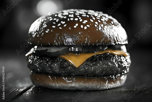Close-up view of a dark, charcoal-like gourmet burger. photo