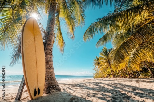 Sunny beach scene with surfboard leaning against palm tree