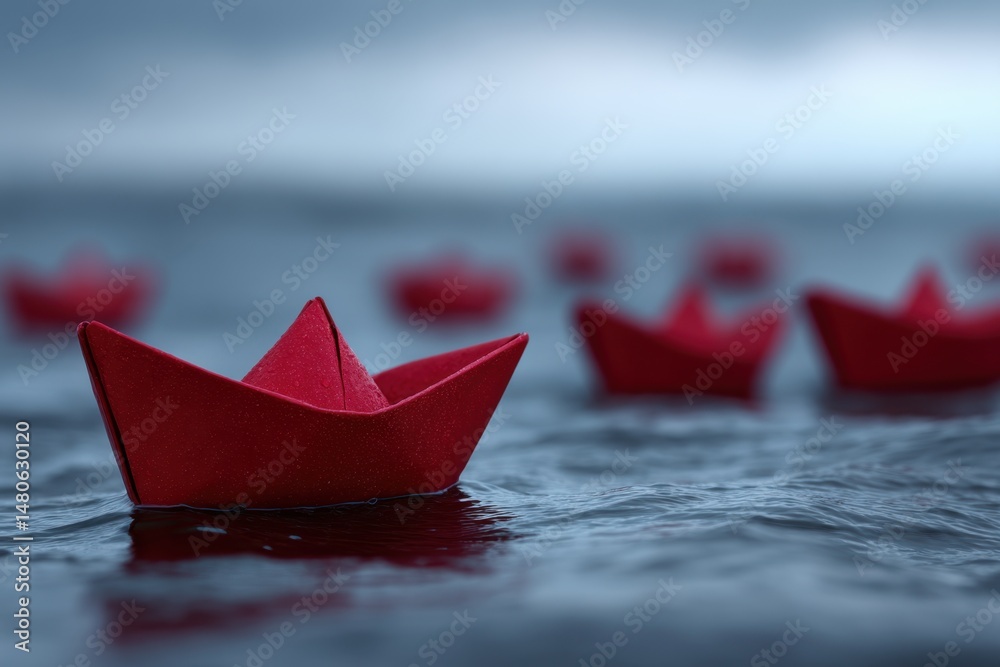 Riga, Latvia 2025-04-25 A group of red paper boats floating on top of a body of water Riga, Latvia 2025-04-25 A group of red paper boats floating on top of a body of water