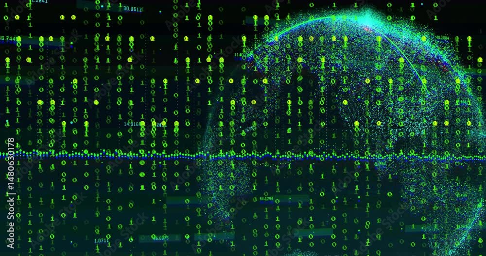 Binary code columns streaming down dark background, data points moving across middle, globe forming