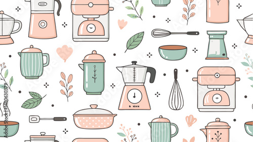 Seamless vector pattern featuring kitchen essentials, ideal for culinary-themed designs and backgrounds.