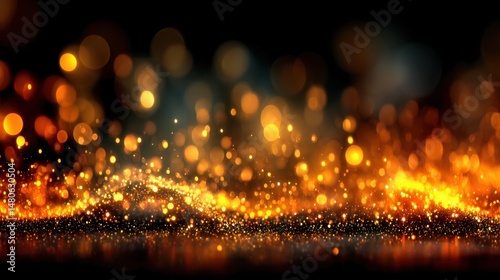 Golden particles and bokeh lights creating festive atmosphere