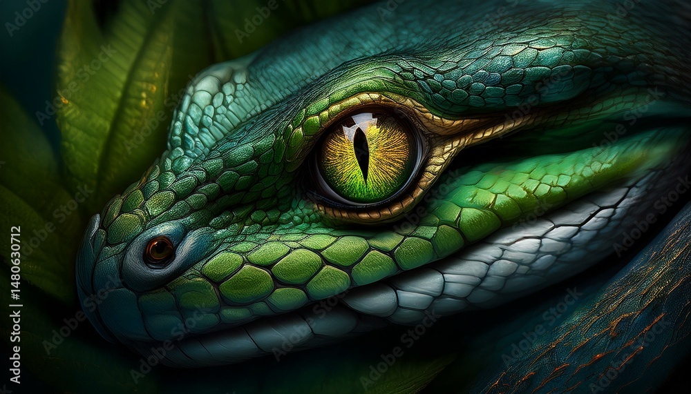 Fototapeta premium Snake eye green wildlife nature photography. Open eye carnivore fur.
