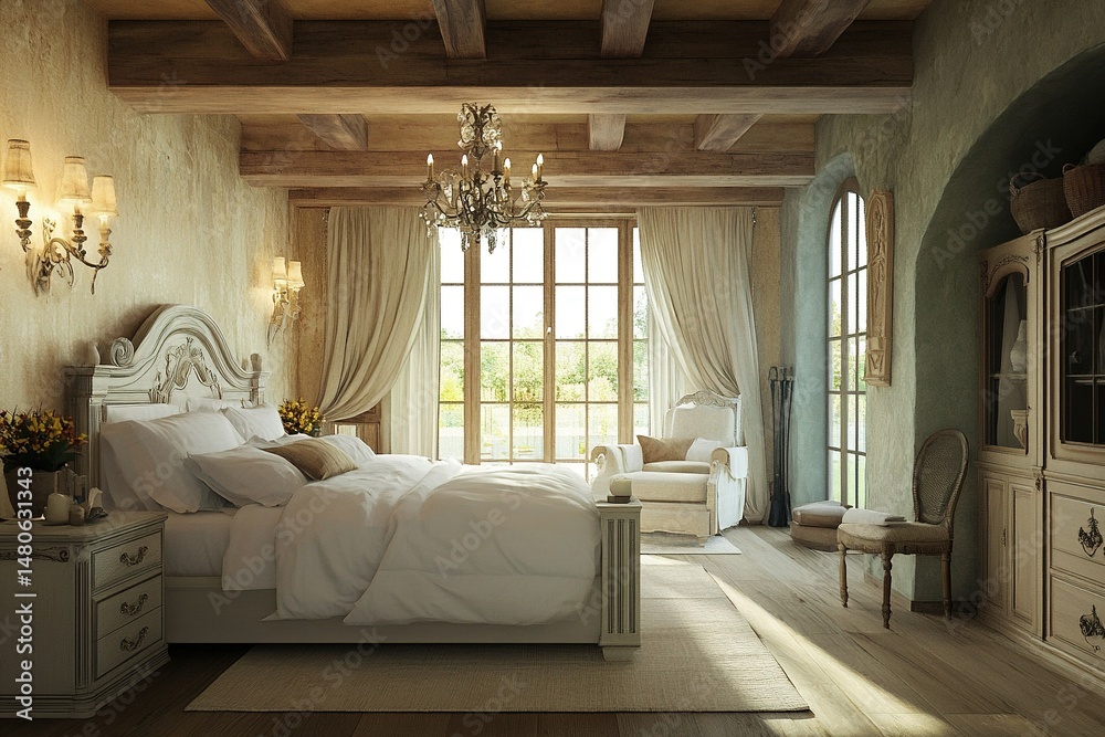 Fototapeta premium modern Luxury French country-style bedroom with ornate details and rustic charm