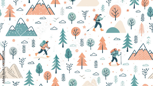 Seamless vector pattern featuring a mountain climbing theme, ideal for textile, apparel, or web design.