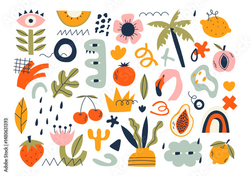 Set of trendy doodle shapes and abstract nature icons on isolated white background. Big collection, fashion elements in freehand childish cartoon style. Includes floral art, shapes, tropical fruits.