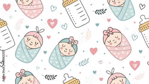 Seamless pattern featuring adorable newborn baby girls, perfect for nursery decor, baby products, and textiles.