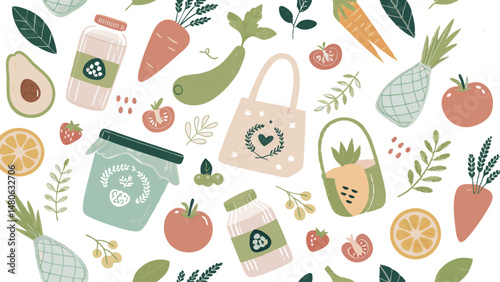 Seamless vector pattern featuring organic food and sustainability themes. Ideal for eco-friendly branding and packaging.