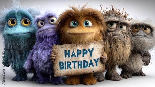 Adorable monsters holding happy birthday sign celebrating a special occasion