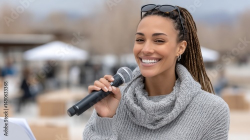 Inspiring Female Speaker Sharing Motivational Insights at Outdoor Event photo