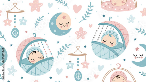 Seamless pattern featuring adorable sleeping babies, perfect for nursery decor or baby-related products.
