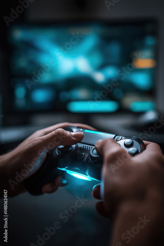 Engaging in gameplay with a modern controller in a dimly lit gaming room