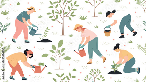 Seamless pattern featuring people planting trees, a nature-themed design ideal for eco-friendly projects.