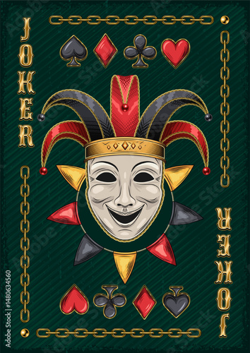 Joker card with jester comedy mask in harlequin hat, icons of playing card suits Vintage style. Vertical A4 poster