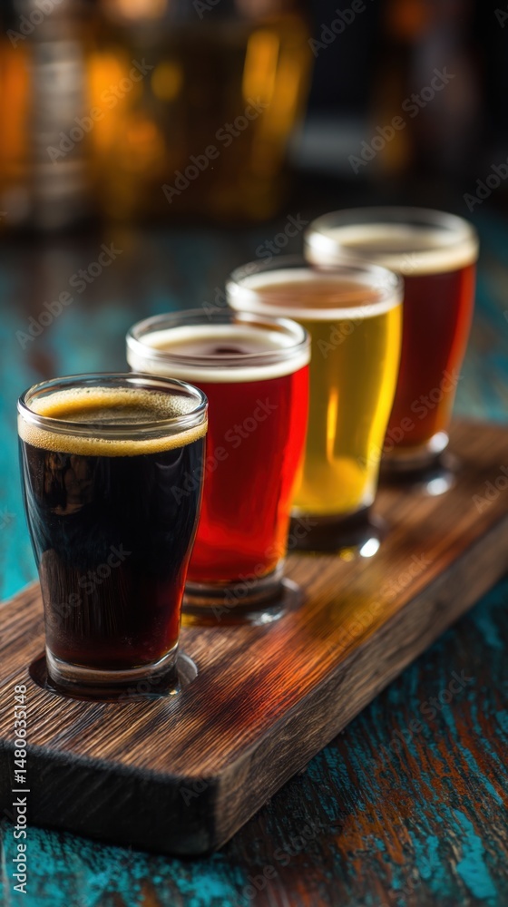 Beer flight tasting on wooden board close up shot of four different beers in glasses variety of colors and flavors Beer flight tasting on wooden board close up shot of four different beers in glasses variety of colors and flavors