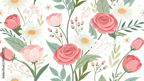 Seamless vector pattern featuring a vibrant floral design with roses and tulips.