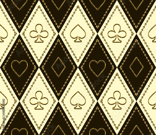 Seamless geometric pattern with card suits golden outline icons in rhombus grid made of gold jewelry chain. Luxurious style. Gambling, casino theme