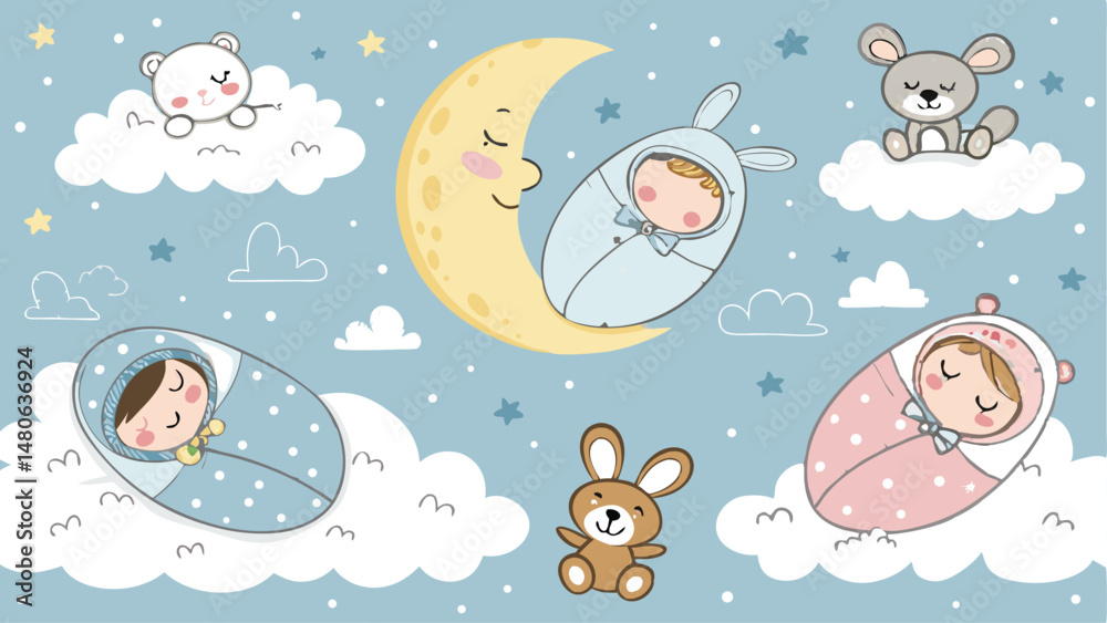 Seamless pattern featuring adorable swaddled babies peacefully sleeping. Perfect for nursery decor or baby-related products.