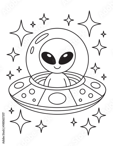 Cute Alien in Flying Saucer Vector Illustration