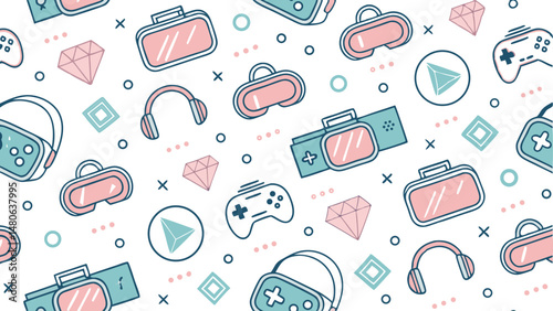 Seamless pattern featuring a virtual reality headset design, ideal for tech-related projects and backgrounds.