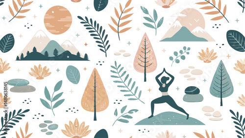 Seamless wellness retreat pattern featuring calming imagery and natural elements, ideal for spa, yoga, or meditation branding.