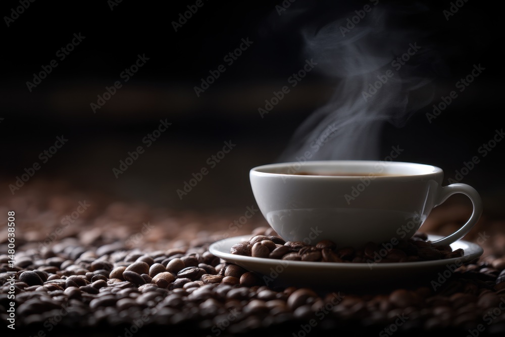 Riga, Latvia 2025-04-25 A cup of coffee sitting on top of a pile of coffee beans Riga, Latvia 2025-04-25 A cup of coffee sitting on top of a pile of coffee beans