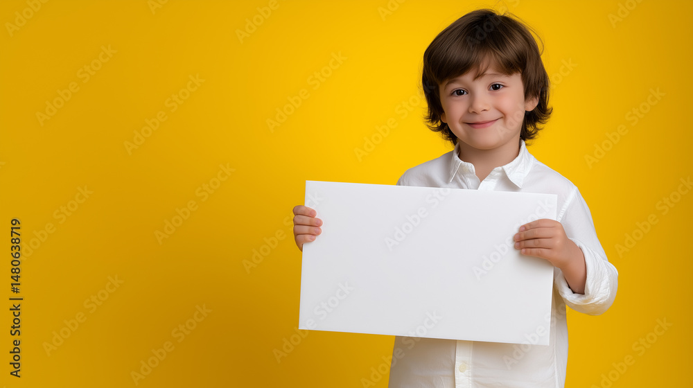 Smiling child in white shirt holding a blank white sign against a bright yellow background.
Smiling child in white shirt holding a blank white sign against a bright yellow background.