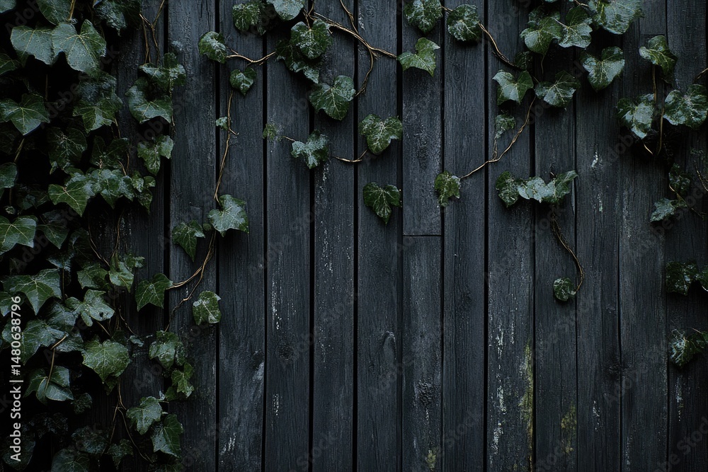 Fototapeta premium Dark Wood Planks Covered in Vines