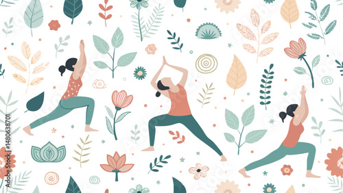 Seamless vector pattern featuring yoga poses and wellness elements, ideal for backgrounds or textile designs.
