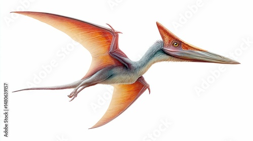 An illustration of a vibrant pterodactyl with wings extended, flying gracefully in the sky.