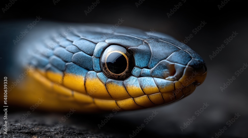 Riga, Latvia 2025-04-25 A close up of a blue and yellow snake's head Riga, Latvia 2025-04-25 A close up of a blue and yellow snake's head