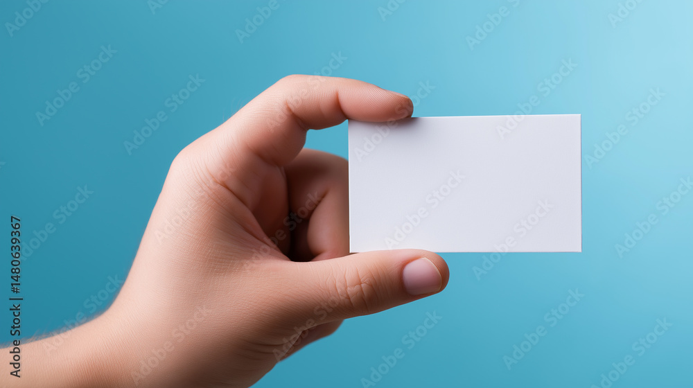 Obraz premium Hand holding a blank white business card against a blue background. 