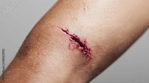 A detailed close-up of an open wound with blood on human skin, showing a cut.