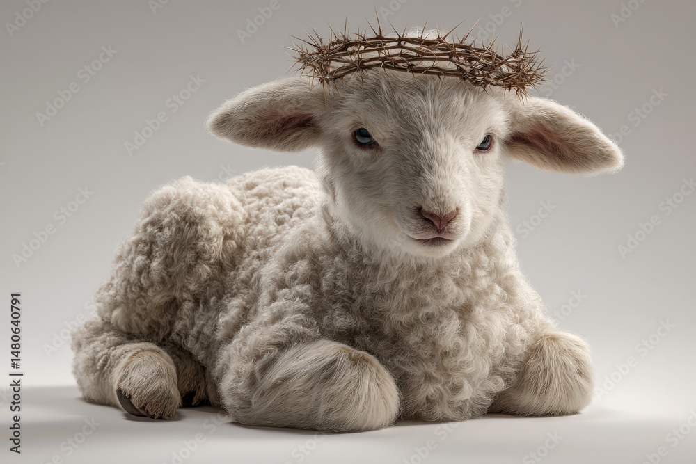 Fototapeta premium Ai image. Lamb of Innocence: This photo presents a serene lamb adorned with a crown of thorns, capturing themes of peace and spiritual significance. Evoking themes of innocence, sacrifice, and faith.