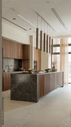 Luxury kitchen featuring marble countertop island, wooden cabinets, and pendant lights in a modern home interior design.