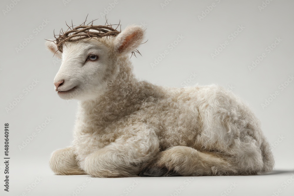 Obraz premium Ai image. The Lamb: A gentle lamb with a crown of thorns, embodying innocence, peace and a touch of spiritual contemplation.